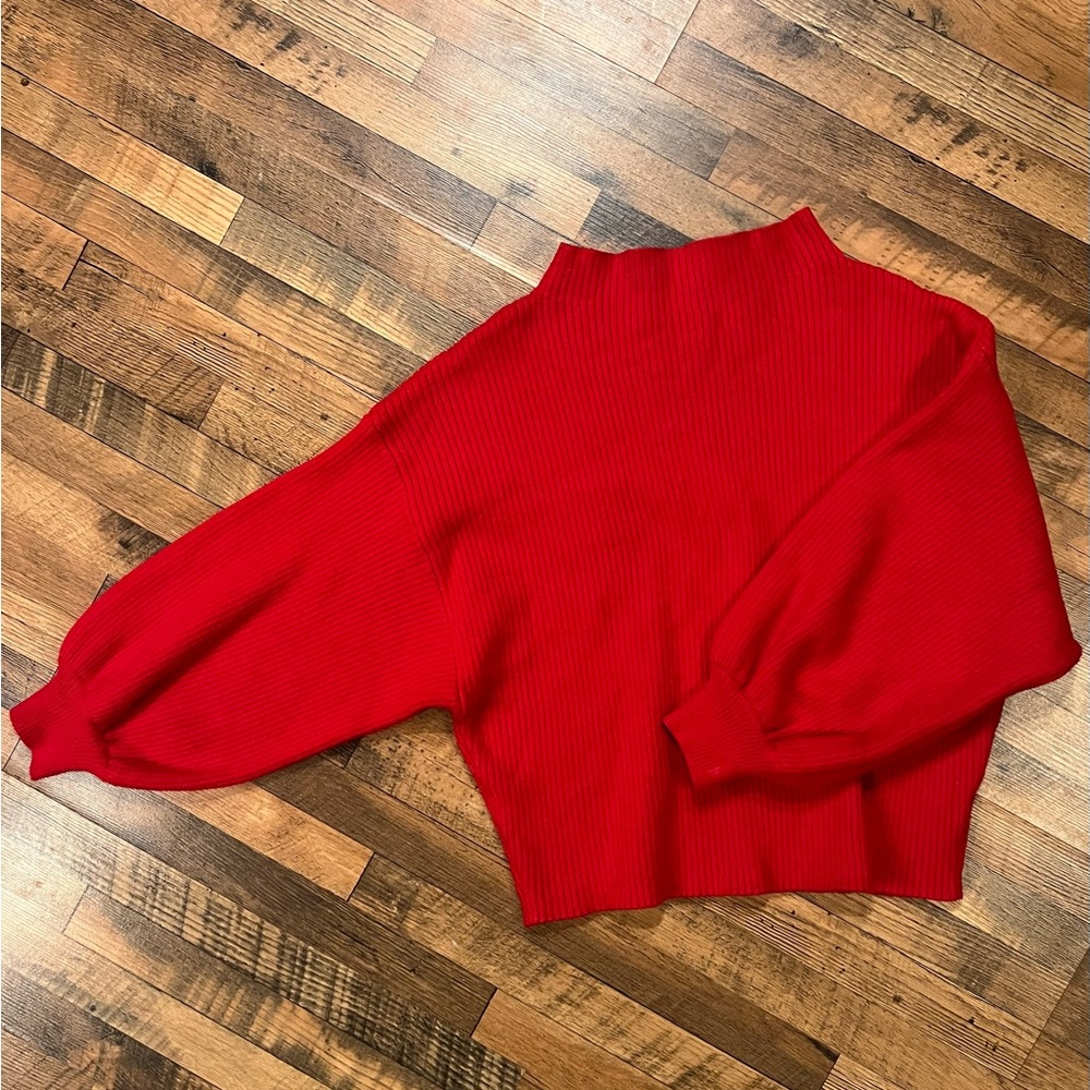 Red Line + Dot Balloon Sleeve Sweater